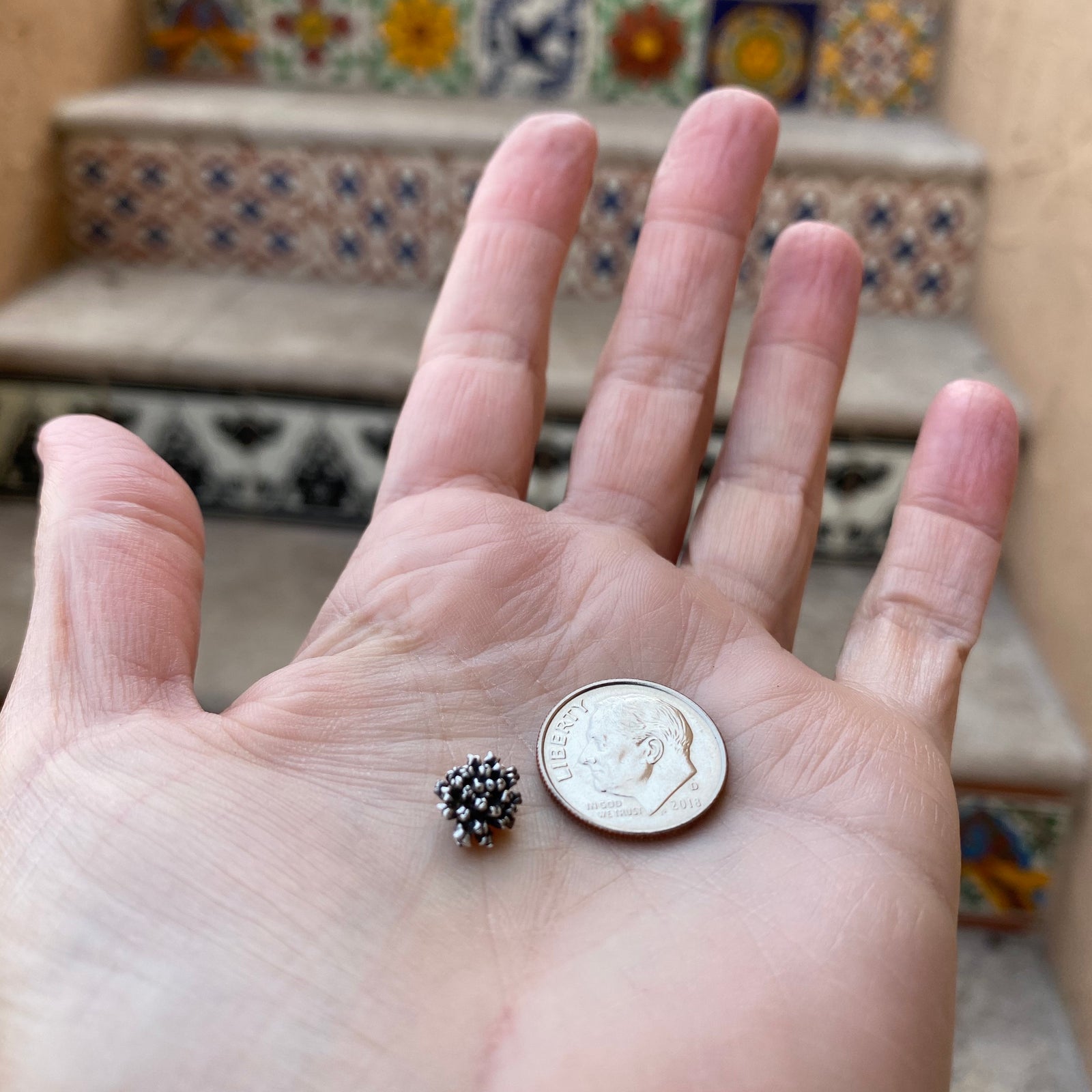 pom pom cast flower with dime for size reference